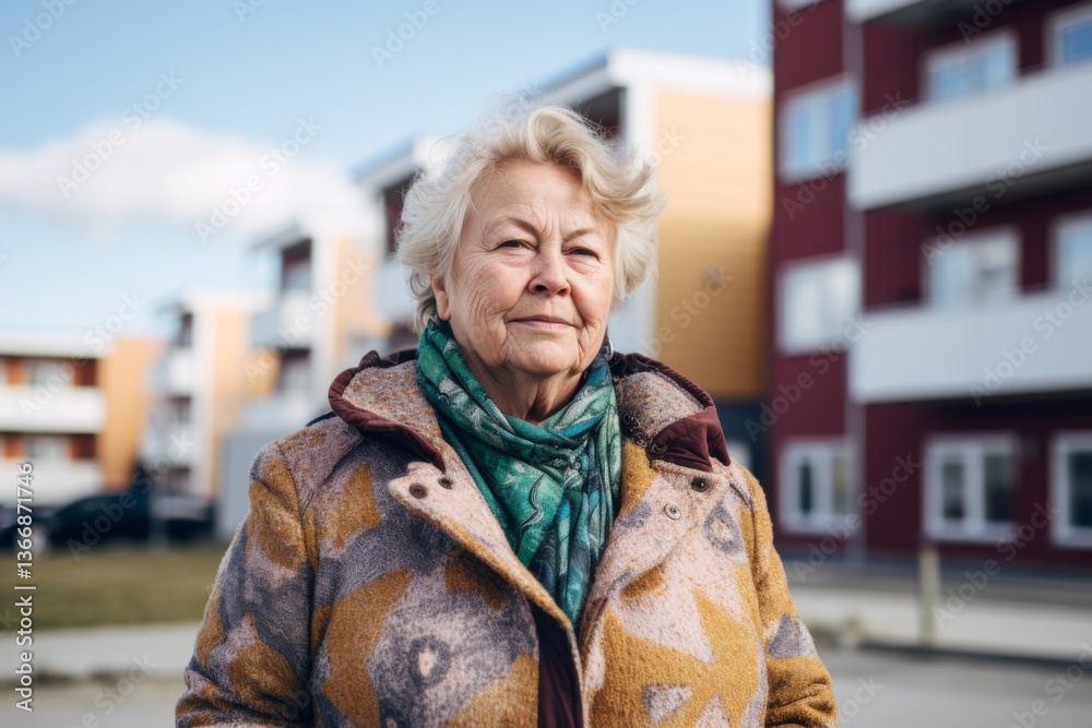 Fototapeta premium Portrait of a senior body positive woman with slightly messy modern apartment in the background in Sweden