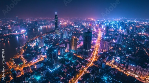 Wallpaper Mural Nighttime cityscape aerial view ho chi minh city urban photography vibrant lights high angle modern metropolis Torontodigital.ca