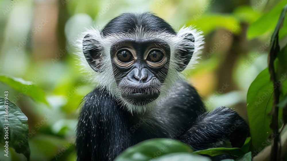 Curious Monkey Looking At The Camera in Forest Natural Habitat Curious Monkey Looking At The Camera in Forest Natural Habitat