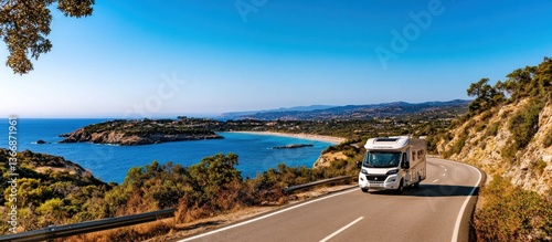 Scenic Road Trip in Motorhome Along Coastal Highway Near Blue Ocean