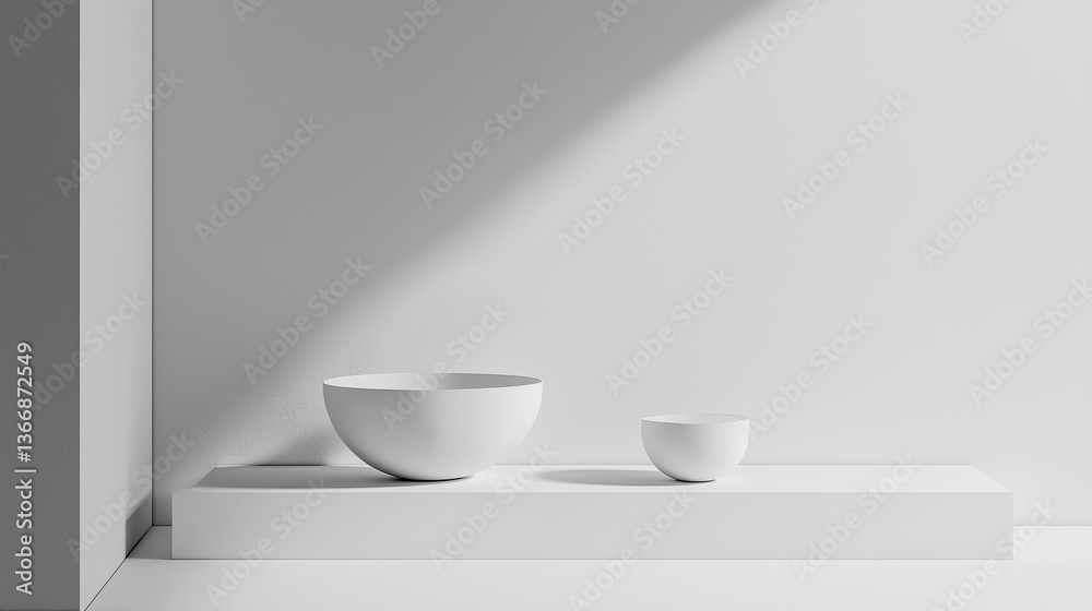 Two white bowls resting on white surface with dramatic lighting Two white bowls resting on white surface with dramatic lighting
