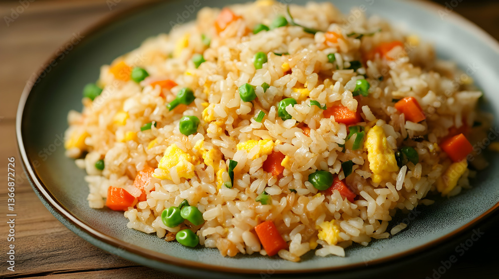 Close Up of Golden Fried Rice with Carrots and Peas on Green Plate Over Wooden Table Top Detailed and Tasty Close Up of Golden Fried Rice with Carrots and Peas on Green Plate Over Wooden Table Top Detailed and Tasty