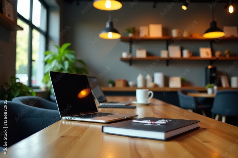 Coffee shop interior with laptops and books, cafe, book Coffee shop interior with laptops and books, cafe, book