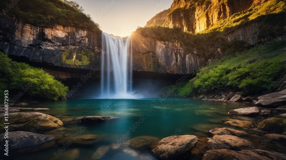 Obraz premium Majestic Waterfall Flowing into Clear Pool Surrounded by Lush Landscape