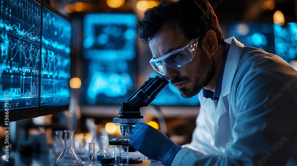 A researcher examining chemical samples under a microscope in a modern laboratory, surrounded by glowing screens and advanced scientific tools, emphasizing dedication to discovery A researcher examining chemical samples under a microscope in a modern laboratory, surrounded by glowing screens and advanced scientific tools, emphasizing dedication to discovery