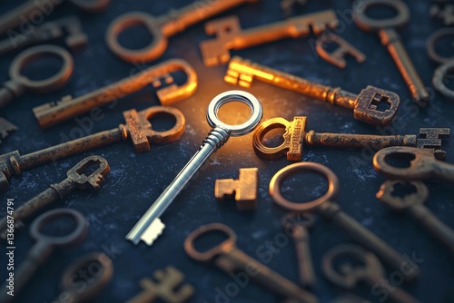 Golden key among rusty vintage keys symbolizing uniqueness, success, leadership, opportunity, standout potential, value, and personal growth in a conceptual metaphor on contrast and choice
 photo
