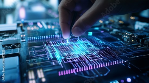 A microchip engineer designing ultra low latency chips for real time communication networks, futuristic communication lab with advanced systems, High-tech style
