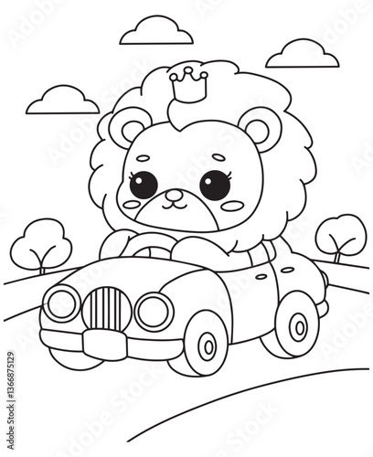 Coloring book lion driving a car with a crown, under a cloudy sky with trees and a road