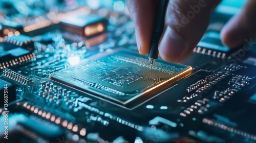 A microchip engineer designing ultra low latency chips for real time communication networks, futuristic communication lab with advanced systems, High-tech style