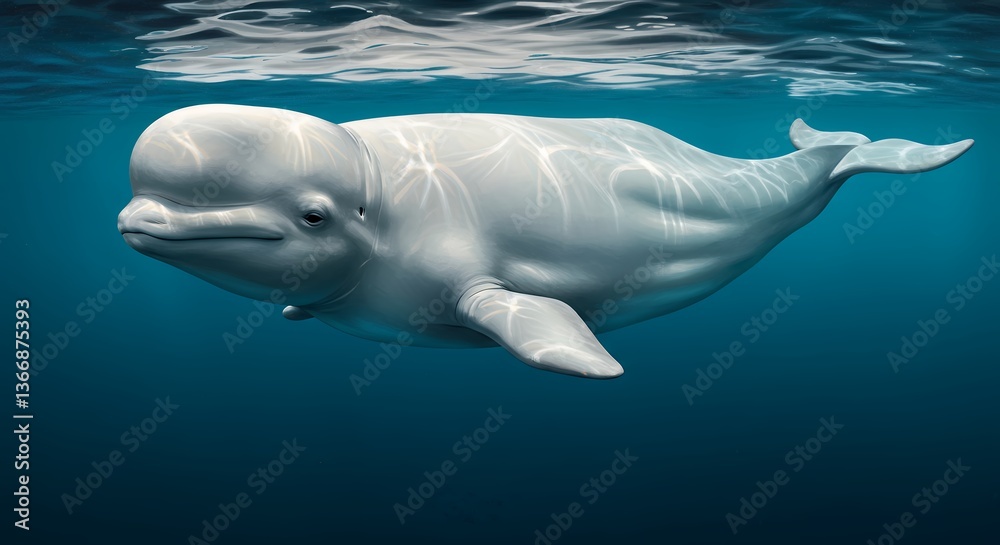 Fototapeta premium Beluga Whale Swimming Underwater in Dark Blue Ocean Water Illustration