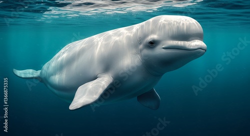 Beluga Whale Swimming Gently Underwater in Turquoise Ocean Waters