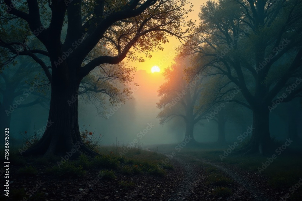 Obraz premium Dense forest at dusk with misty atmosphere and twisted tree branches, gloomy, eerie, dark wood