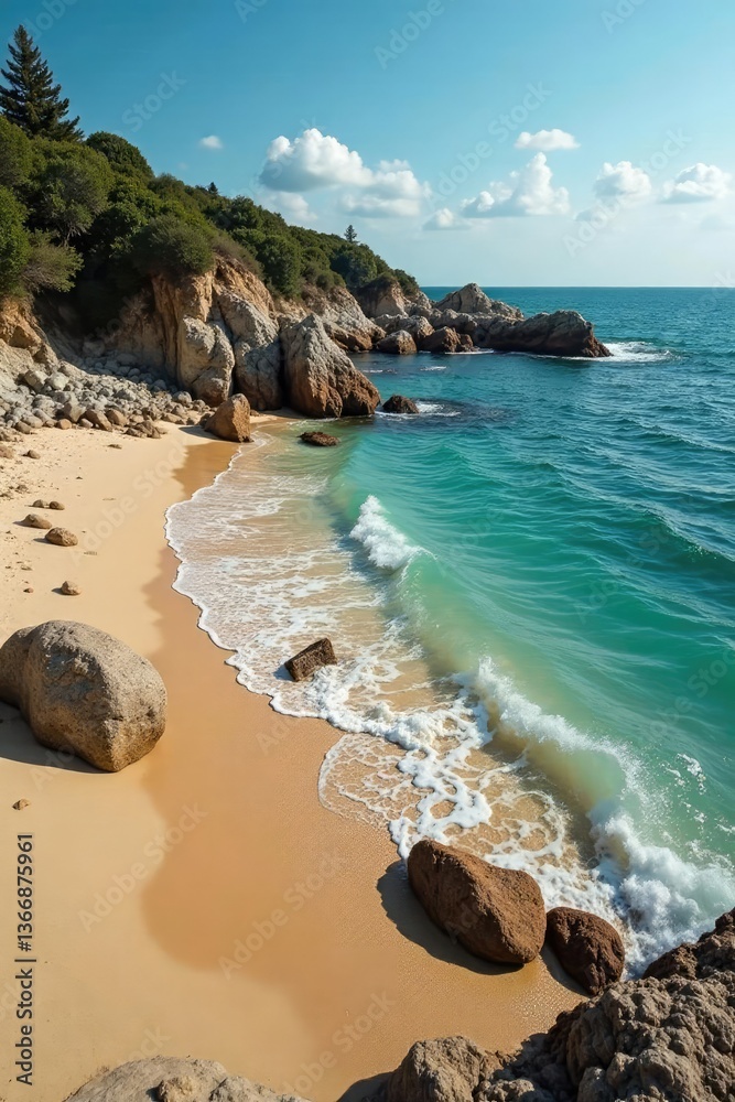 Obraz premium River flowing through a shallow stretch of sand and rocks, sand, water, shore