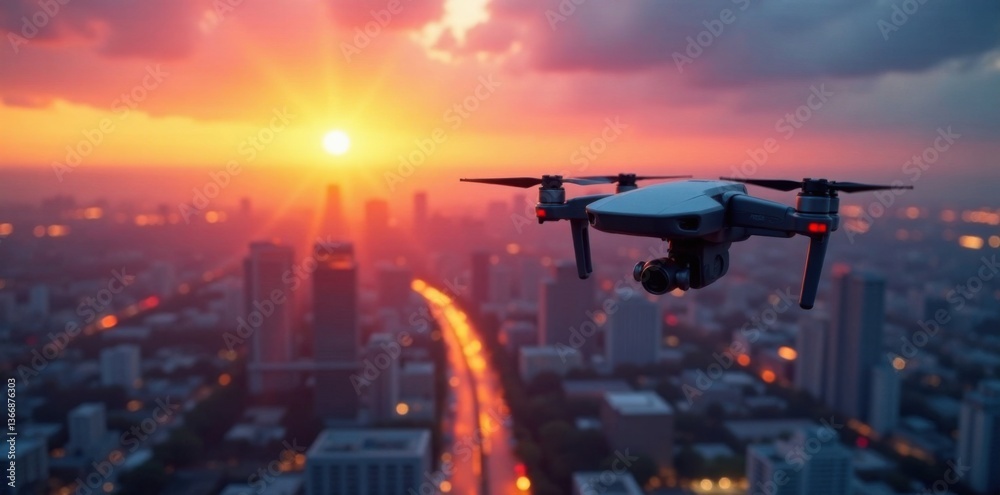Drones flying in formation over a futuristic cityscape at sunset, sunset, aerial, tech Drones flying in formation over a futuristic cityscape at sunset, sunset, aerial, tech