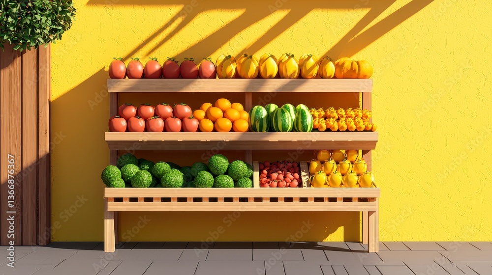 Naklejka premium Sunlit Wooden Fruit and Vegetable Stand Against Yellow Wall