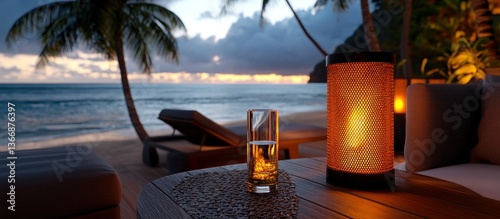Serene Beachfront Evening with Lantern and Tropical Vibe at Dusk