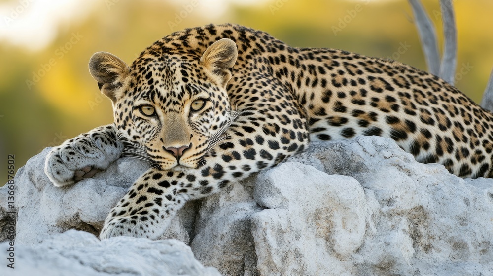 Fototapeta premium A leopard rests on a rocky ledge, its amber eyes locked onto the open plains below.