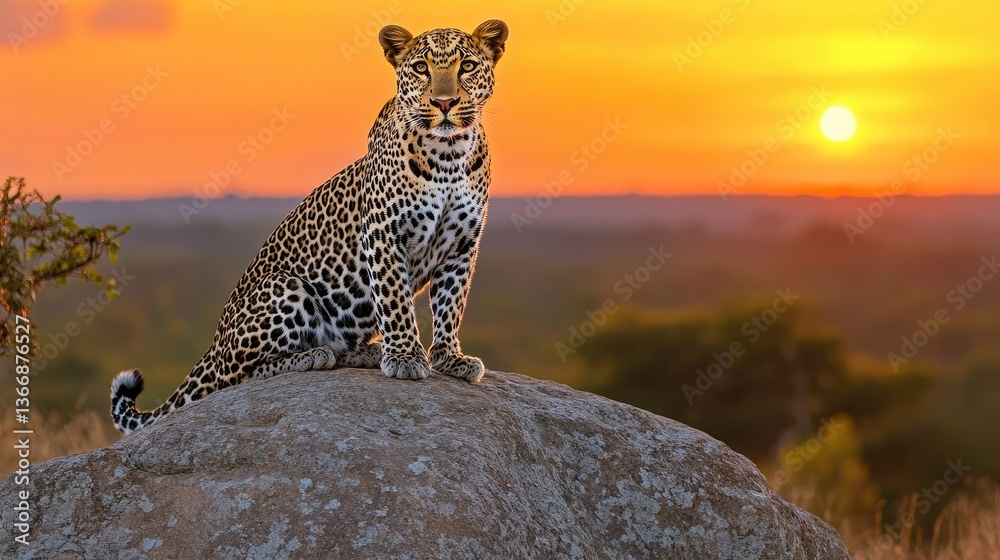 Obraz premium A leopard sits atop a rugged rock formation, its sleek body poised and alert under the soft hues of the golden hour.