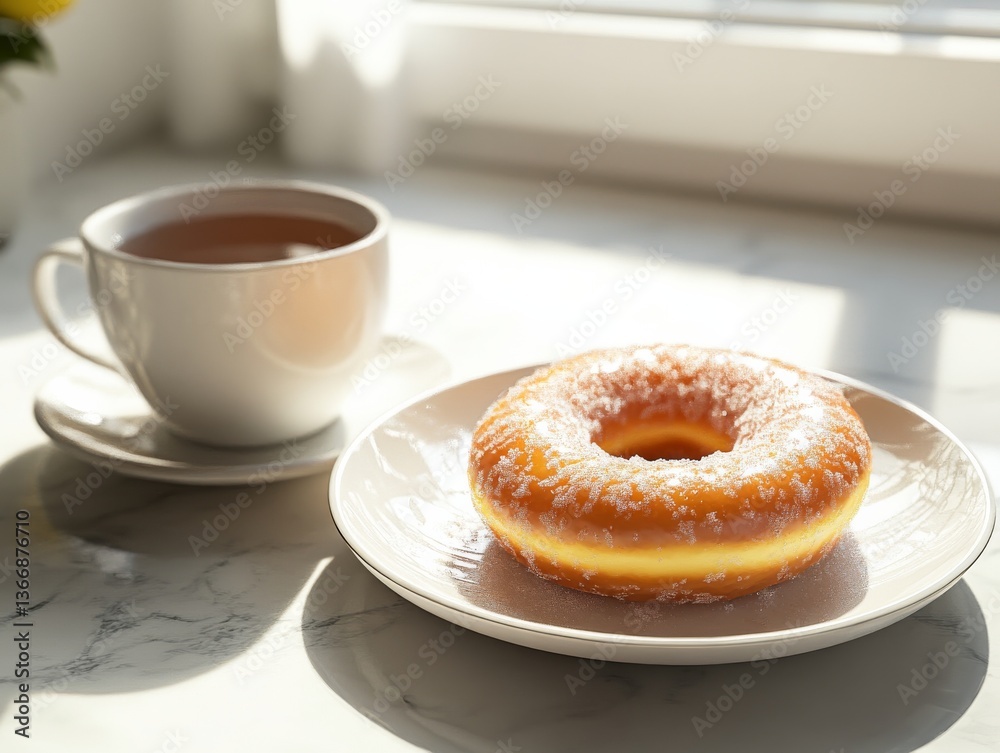doughnut with lemon glaze on a plate, a cup of tea, and a green leaf in a sunny kitchen room, with warm light from the window. doughnut with lemon glaze on a plate, a cup of tea, and a green leaf in a sunny kitchen room, with warm light from the window.