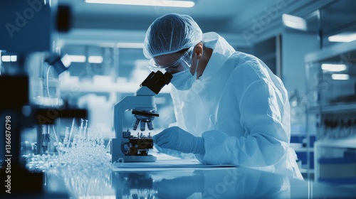 A nanotechnology expert studying molecular structures in a cleanroom, high-tech nano lab with atomic microscopes, Scientific style