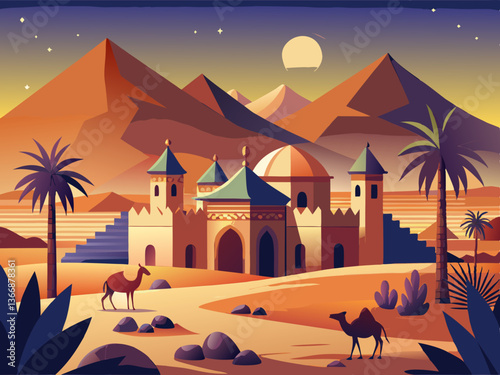colorful illustration of a caravanserai camel and desert
