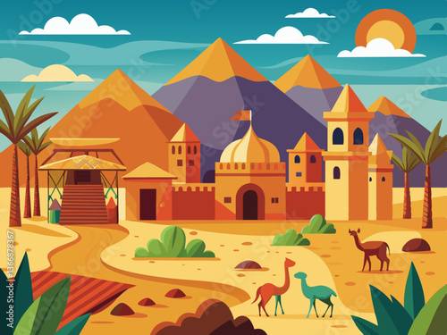 colorful illustration of a caravanserai camel and desert