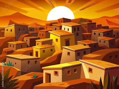 colorful illustration of a golden sunset and desert village 
