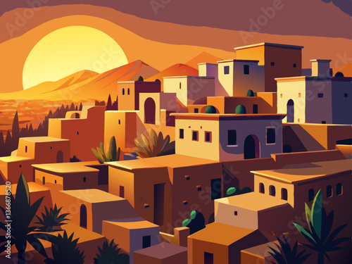 colorful illustration of a golden sunset and desert village 
