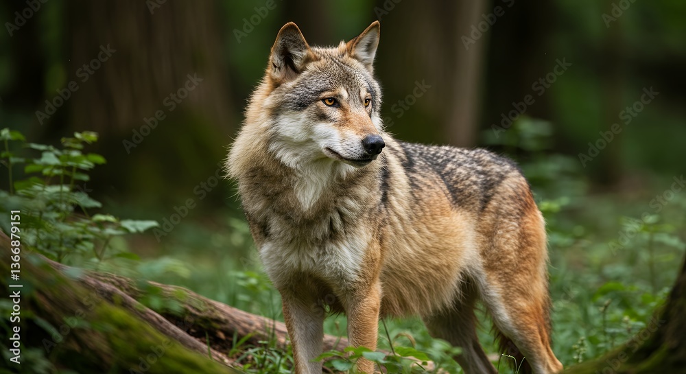 Lone Wolf Standing Alert in a Green Forest Environment Looking Left Lone Wolf Standing Alert in a Green Forest Environment Looking Left