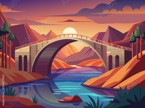 colorful illustration of a grand arched bridge over desert river