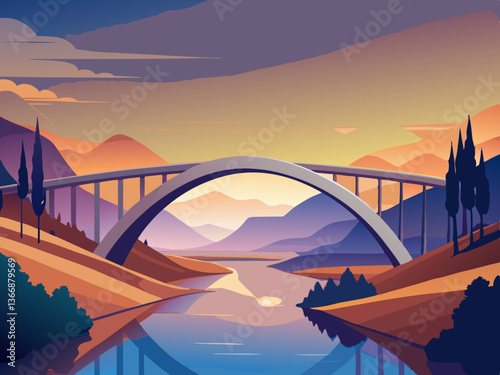 colorful illustration of a grand arched bridge over desert river