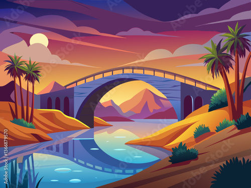 colorful illustration of a grand arched bridge over desert river
