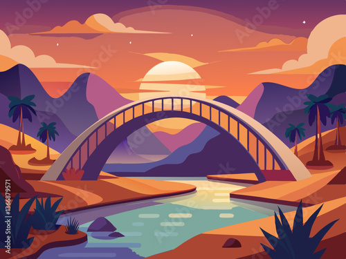 colorful illustration of a grand arched bridge over desert river