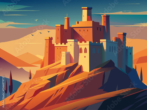 colorful illustration of a grand desert castle fortless
