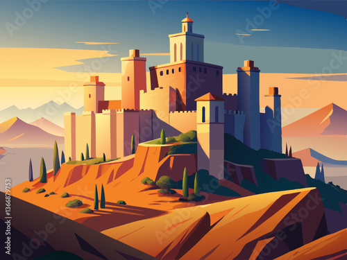 colorful illustration of a grand desert castle fortless
