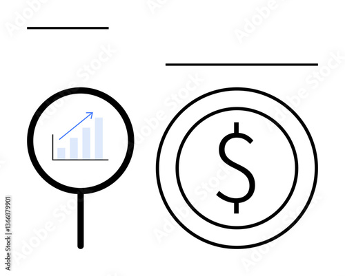Magnifying glass highlighting growth chart beside dollar coin symbolizing financial analysis, investment, and growth. Ideal for finance, business, strategy, productivity, success, auditing
