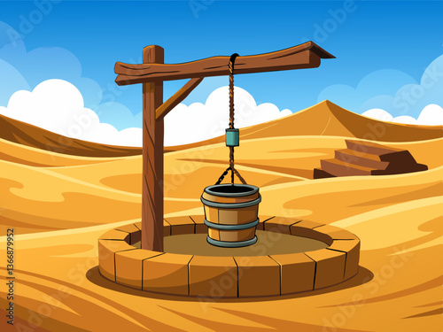 colorful illustration of a lone desert well