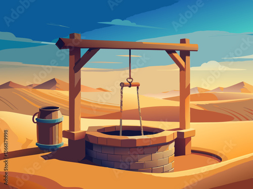 colorful illustration of a lone desert well