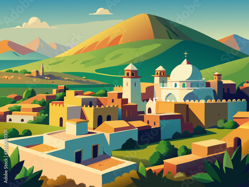 colorful illustration of a middle east village 