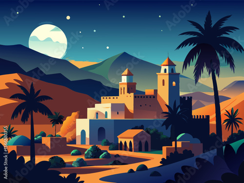 colorful illustration of a moonlit view of middle east village