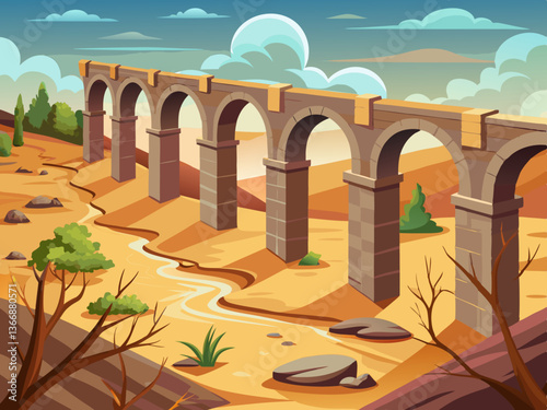 colorful illustration of an old stone aqueduct on the desert