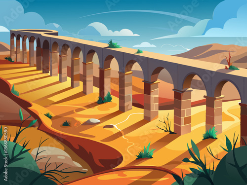 colorful illustration of an old stone aqueduct on the desert