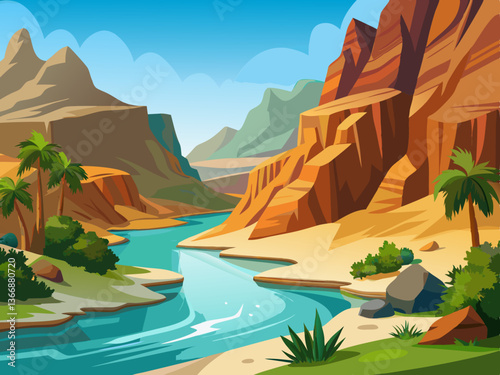 colorful illustration of a pristine river between rock cliff
