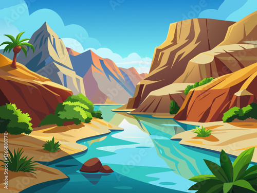 colorful illustration of a pristine river between rock cliff