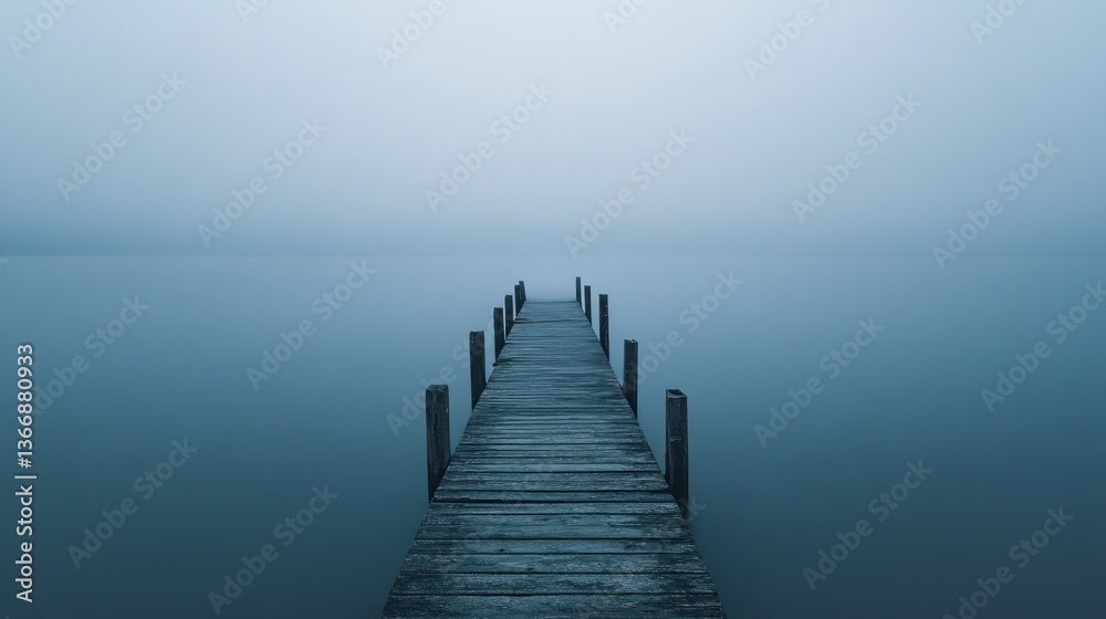 Naklejka premium Misty lake pier solitude; serene calm water background; peaceful meditation imagery