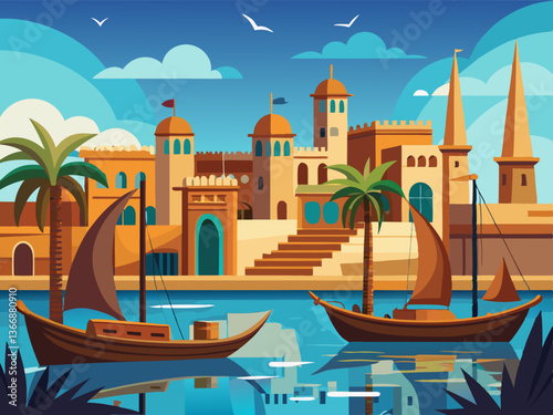 colorful illustration of a quiet middle eastern harbor