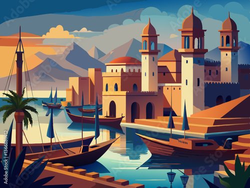 colorful illustration of a quiet middle eastern harbor