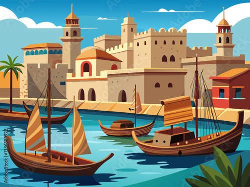 colorful illustration of a quiet middle eastern harbor