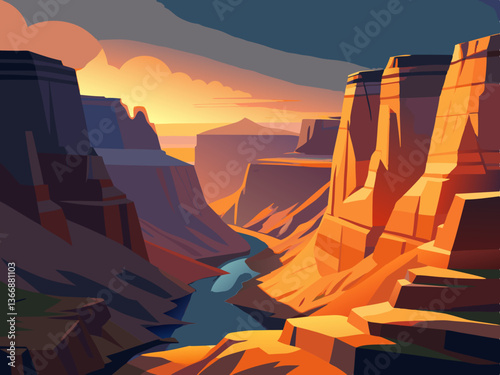 colorful illustration of a sandstone canyon rock cliff and sunset