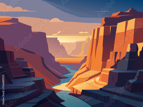 colorful illustration of a sandstone canyon rock cliff and sunset